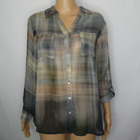 Soft Surroundings Watercolor Plaid Button Up Top - Picture 1 of 11